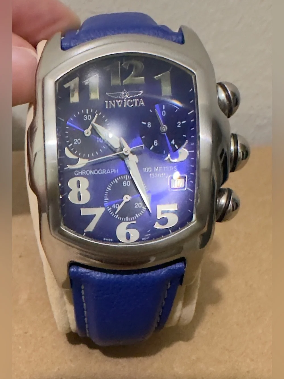 LIKE NEW. Invicta Blue Dial Chronograph Watch with Blue Leather Strap.